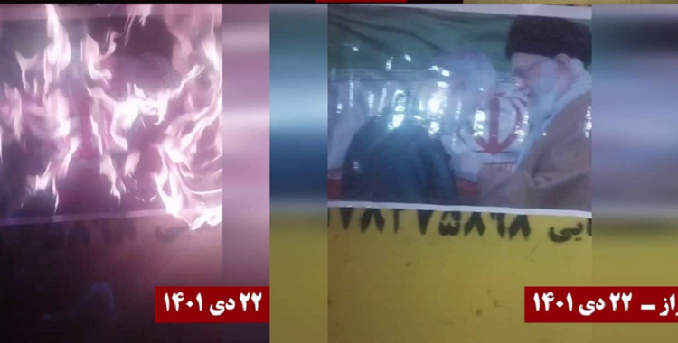 إضرام النار في قواعد للباسيج ولافتات لخامنئي وقاسم سليماني من قبل شباب الانتفاضة