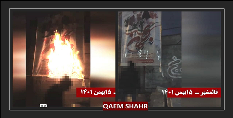 استمرار هجمات شباب الانتفاضة وإضرام النار في لوحات دعائية للملالي عشية ذكرى الثورة ضد الشاه