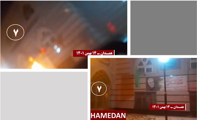 استمرار هجمات شباب الانتفاضة وإضرام النار في لوحات دعائية للملالي عشية ذكرى الثورة ضد الشاه