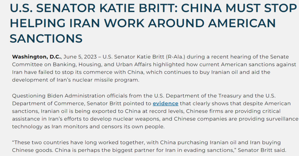السناتورة الجمهوریة كاتي بريت: «ربما تكون الصين أكبر شريك لإيران في التهرب من العقوبات»