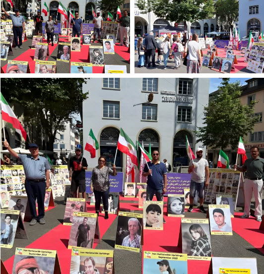 مطالبین بمحاكمة دولية لقادة نظام الملالي، وقفة احتجاجیة لانصار مجاهدي خلق و ایرانیین احرار في زیورخ بسویسرا