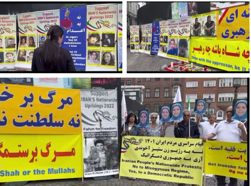 مطالبین بمحاكمة دولية لخامنئي وابراهیم رئيسي، وقفة و معرض لإيرانيون احرار و انصار مجاهدي خلق في كوبنهاغن