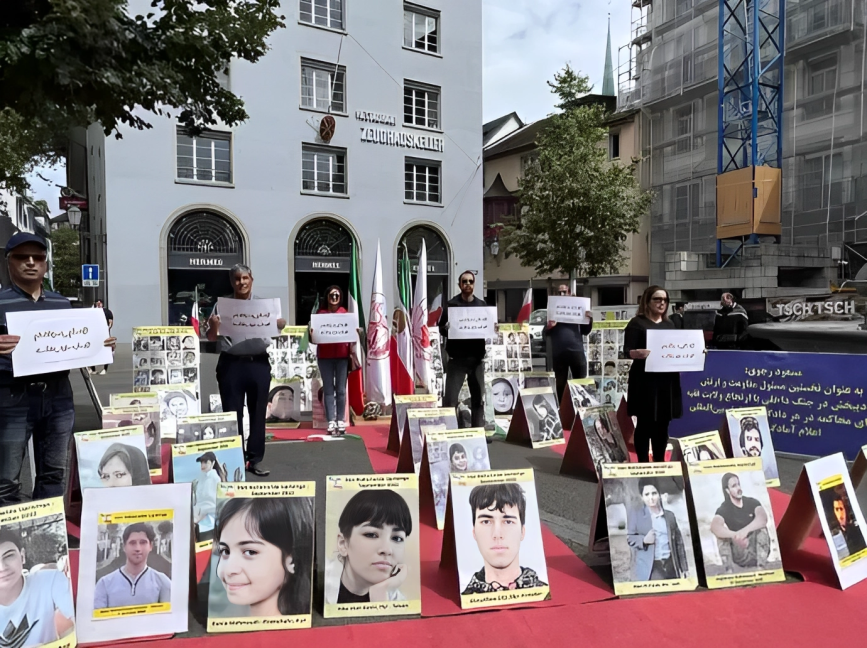 وقفة تضامنية لانصار مجاهدي خلق و إيرانيين احارا مع الانتفاضة الایرانیة في زيورخ