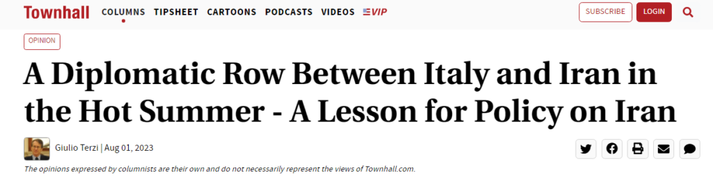 مقال في موقع تاون هال : المواجهة الدبلوماسية بين إيطاليا وإيران في الصيف الحار – درس للسياسة بشأن إيران