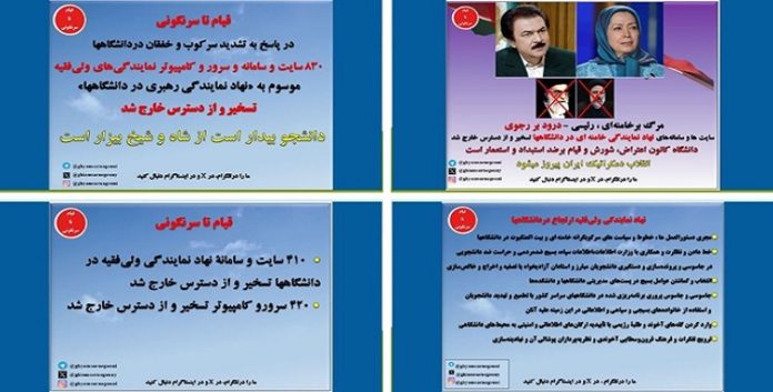 830 اختراقًا لـ 830 موقعًا ونظامًا وخوادم وحواسيب لممثليات خامنئي في الجامعات الإيرانية بواسطة قناة تيليجرام (الانتفاضة حتى اسقاط النظام)