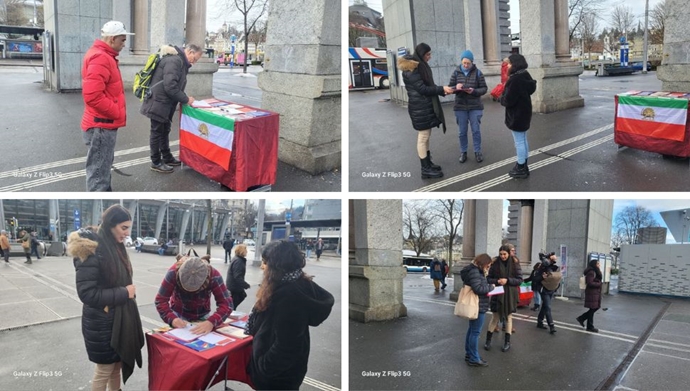 تضامنًا مع الانتفاضة الوطنية الایرانیة و جمع عريضة ضد عقوبة الإعدام في إيران، انصارمجاهدي خلق یقیمون معرض صور في مدینة لوسيرن، سويسرا