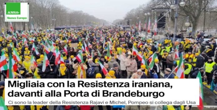 وكالة “أنسا الإيطالية “: الآلاف يتظاهرون مع المقاومة الإيرانية عند بوابة براندنبورغ.. وشعارهم “لا لنظام الشاه ولا لنظام الملالي”